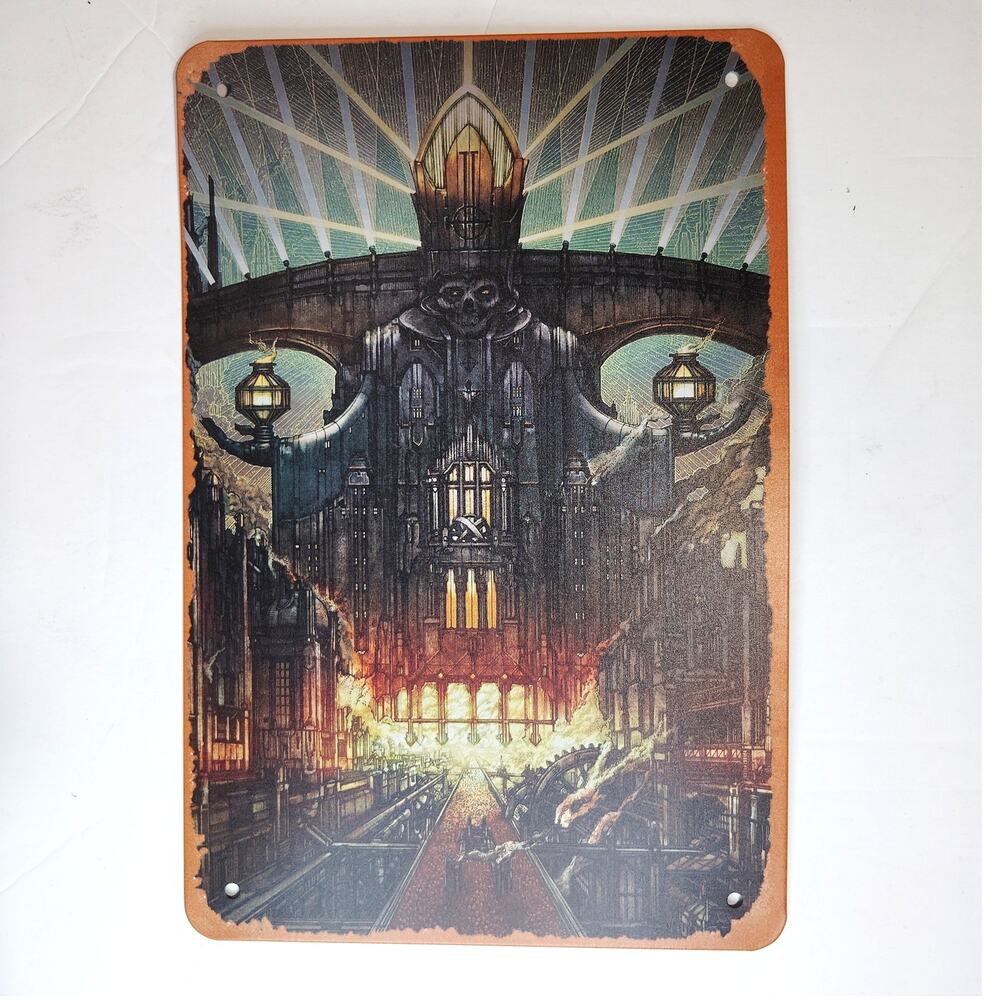 Gothic Cathedral Tin Sign 12×8 Dark Fantasy Industrial Art Metal Wall Decor